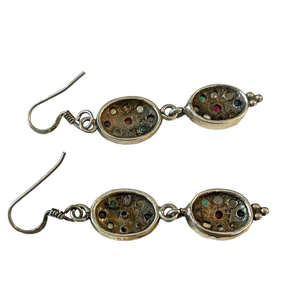 Diamond & Gemstone Sterling Oval Navratna Dangle Earrings​ - Picture 7 of 7